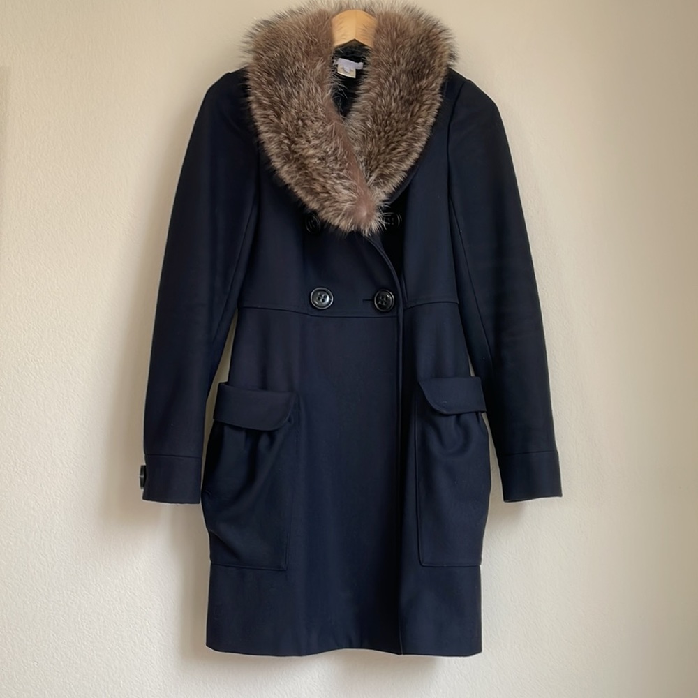 Vera Wang Real Fur Collar Black Wool Pea Coat Size 4